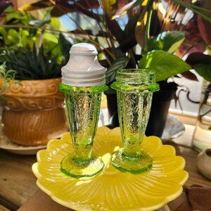 Antique depression green glass cherry blossom pattern salt & pepper shakers